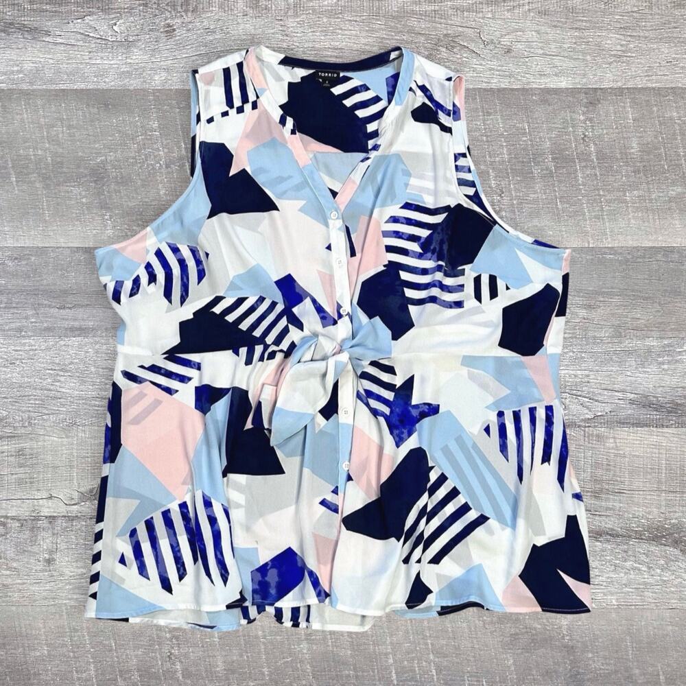 Torrid Georgette Sleeveless Geometric Print Top 4 (4X) Tie Front Coastal Breezy